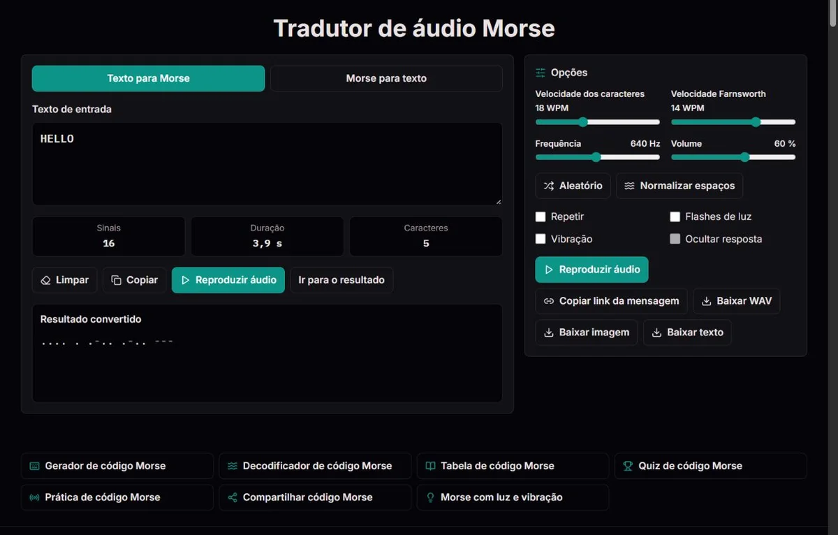 Configuração de áudio Morse de HELLO com velocidade, espaçamento, tom e volume