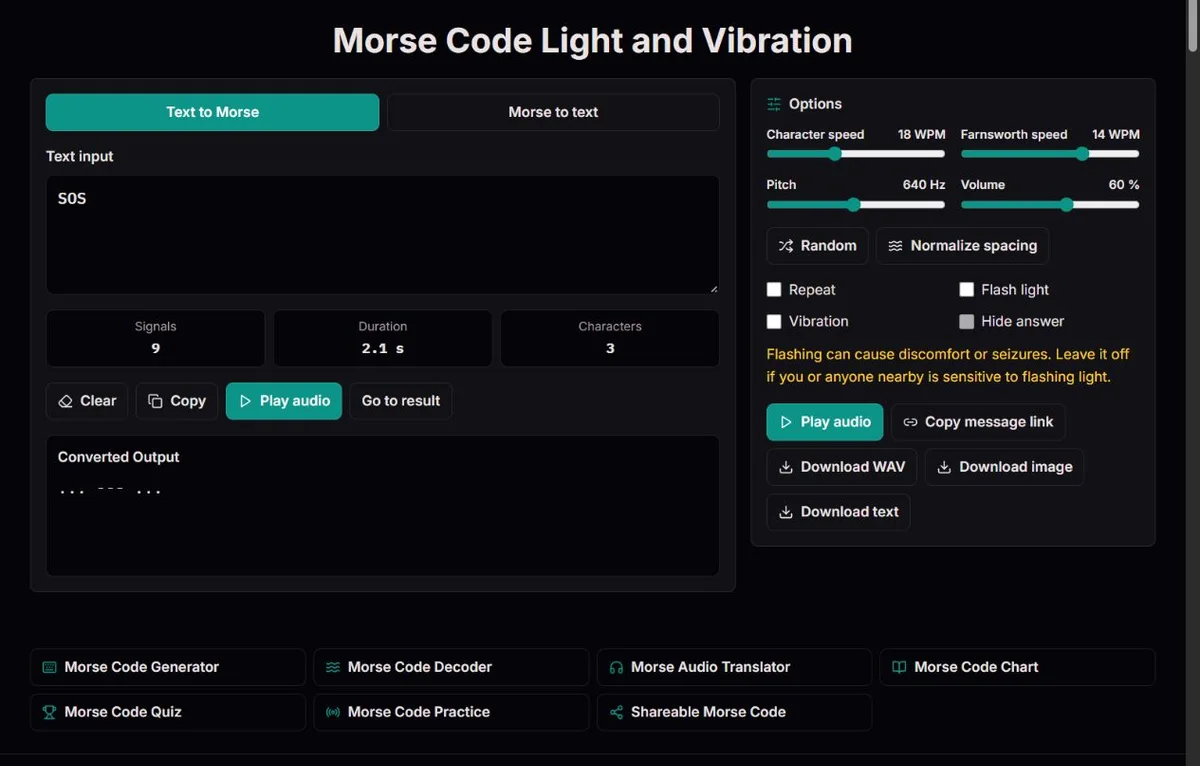 SOS Morse setup with optional light and vibration switched off
