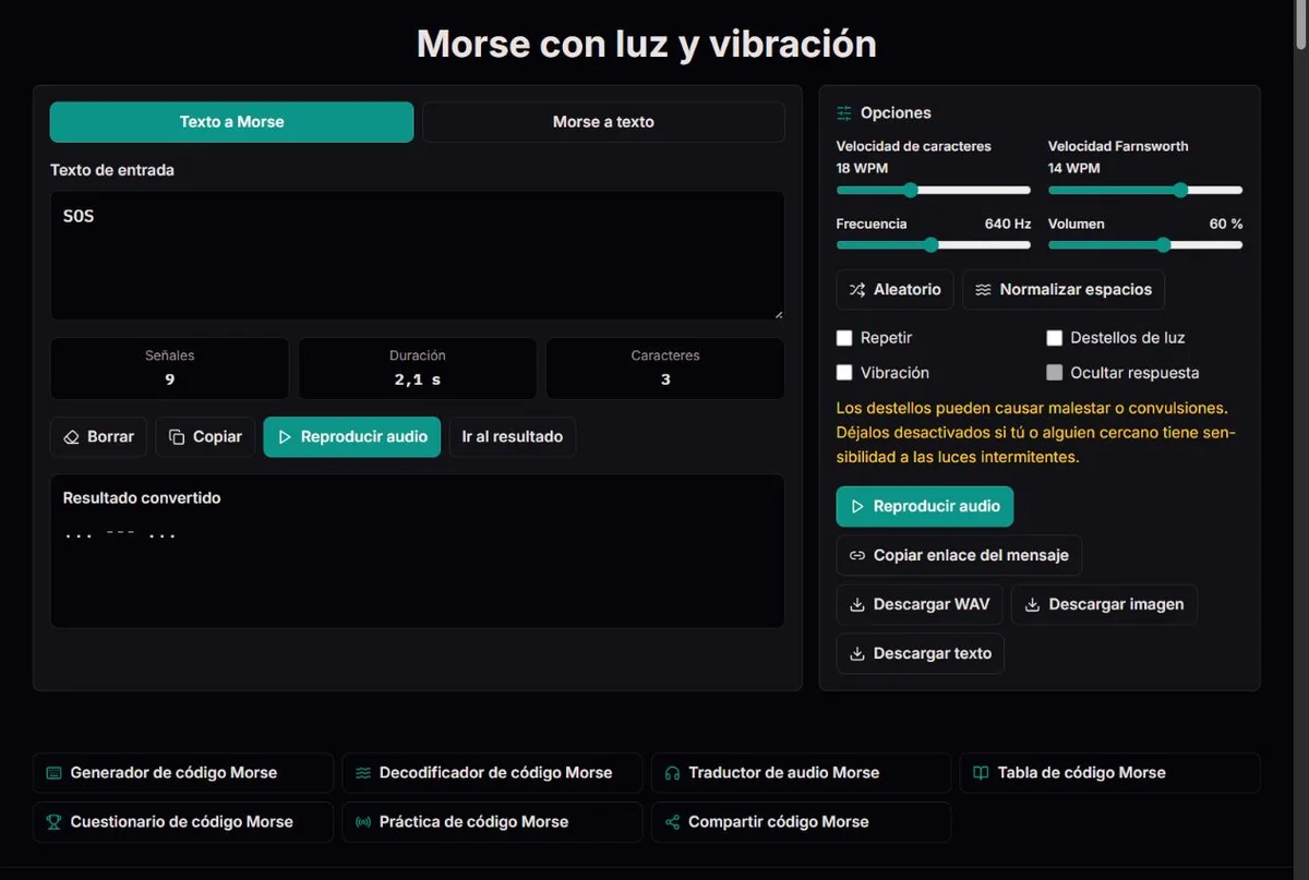 Configuración Morse SOS con luz y vibración desactivadas
