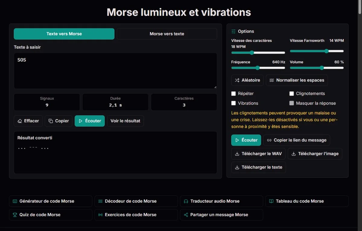 Réglage Morse SOS avec lumière et vibrations désactivées
