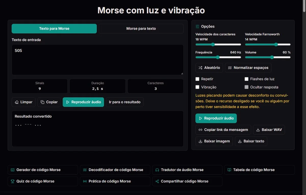 Configuração Morse SOS com luz e vibração desativadas