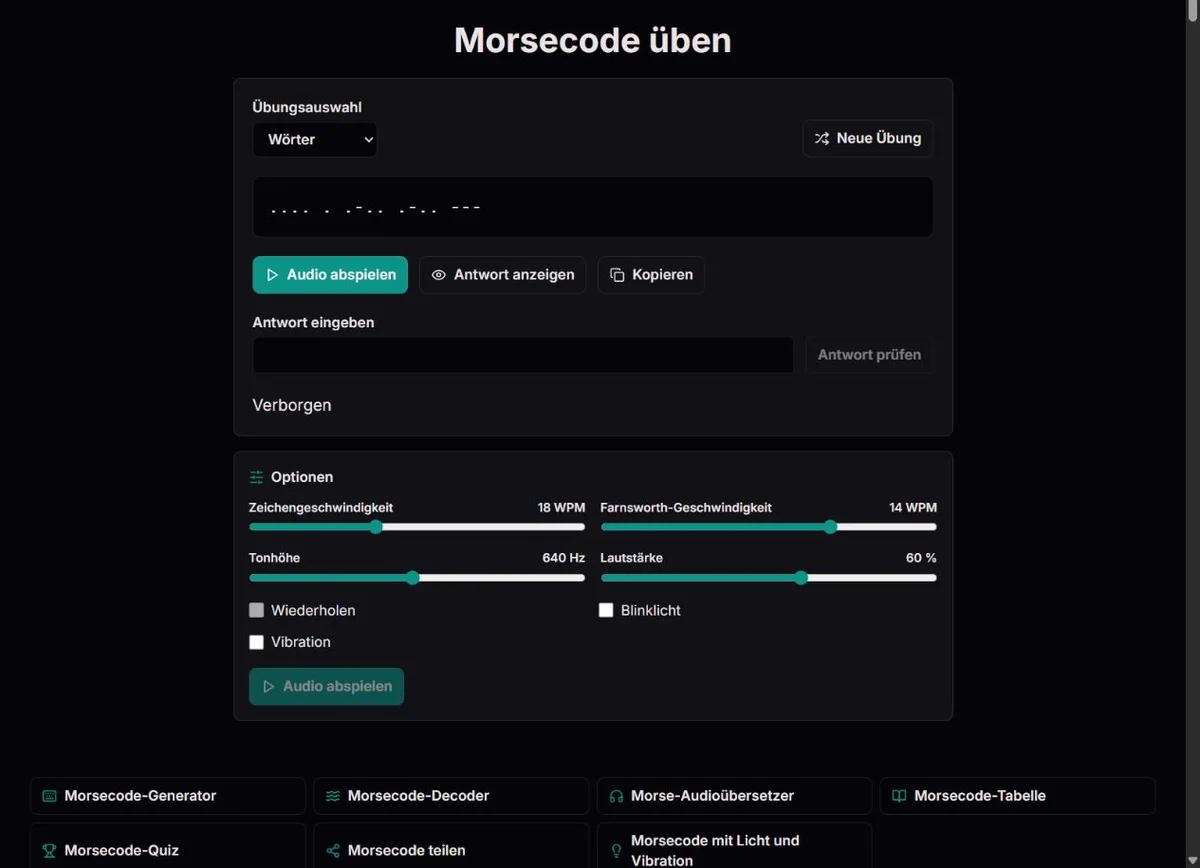 HELLO-Wortübung mit Morsecode und Eingabefeld für die Antwort