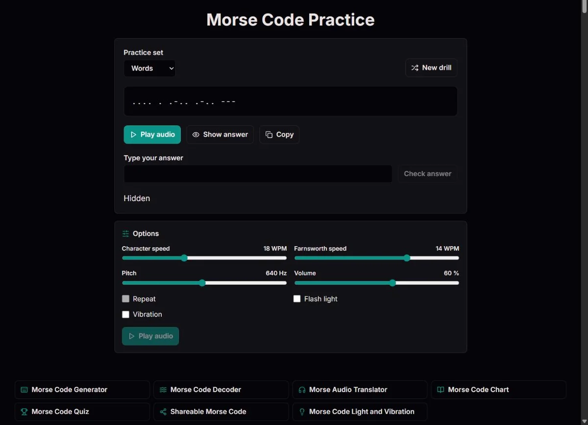 HELLO word drill with written Morse and a typed-answer field