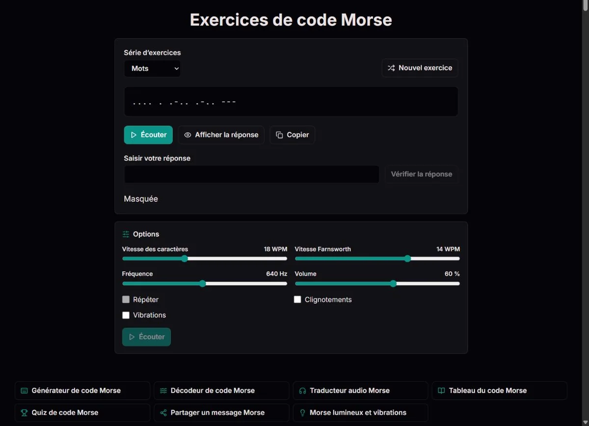 Exercice HELLO avec code Morse écrit et champ de réponse