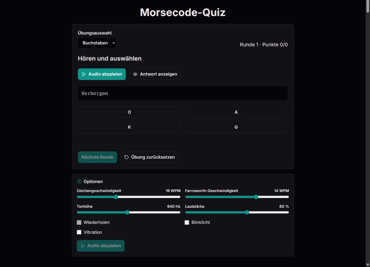 Morse-Buchstabenquiz mit vier Antworten und optionalem schriftlichem Hinweis