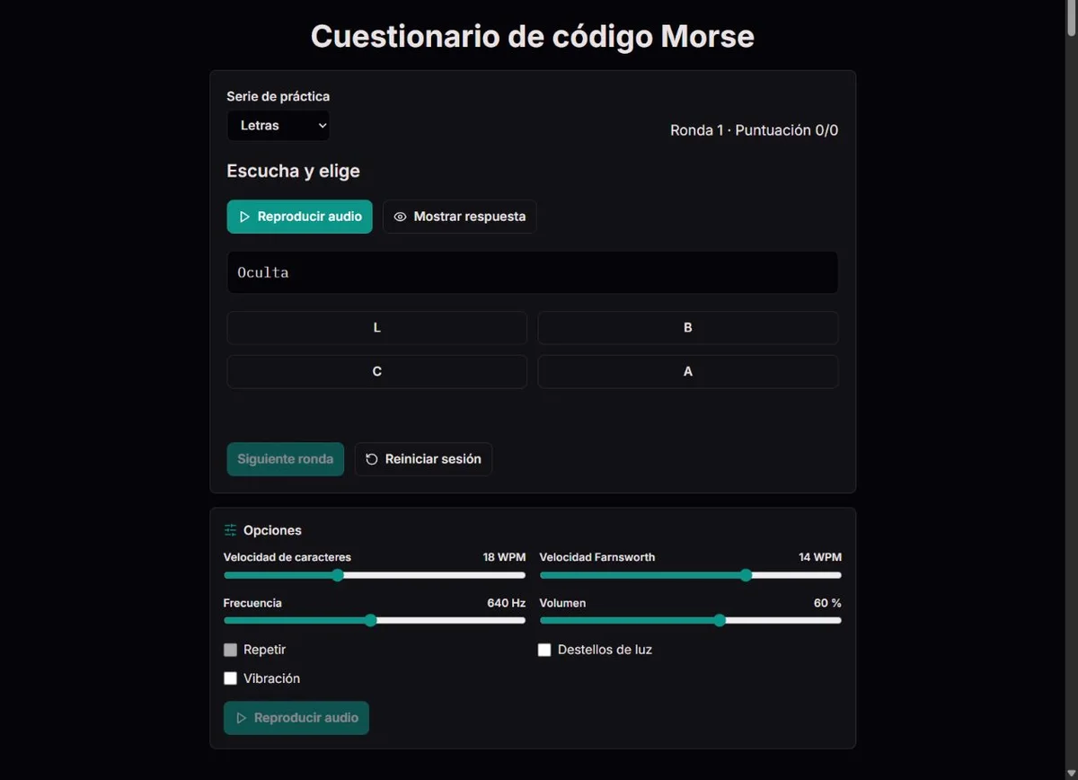 Cuestionario de letras Morse con cuatro opciones y una pista escrita opcional
