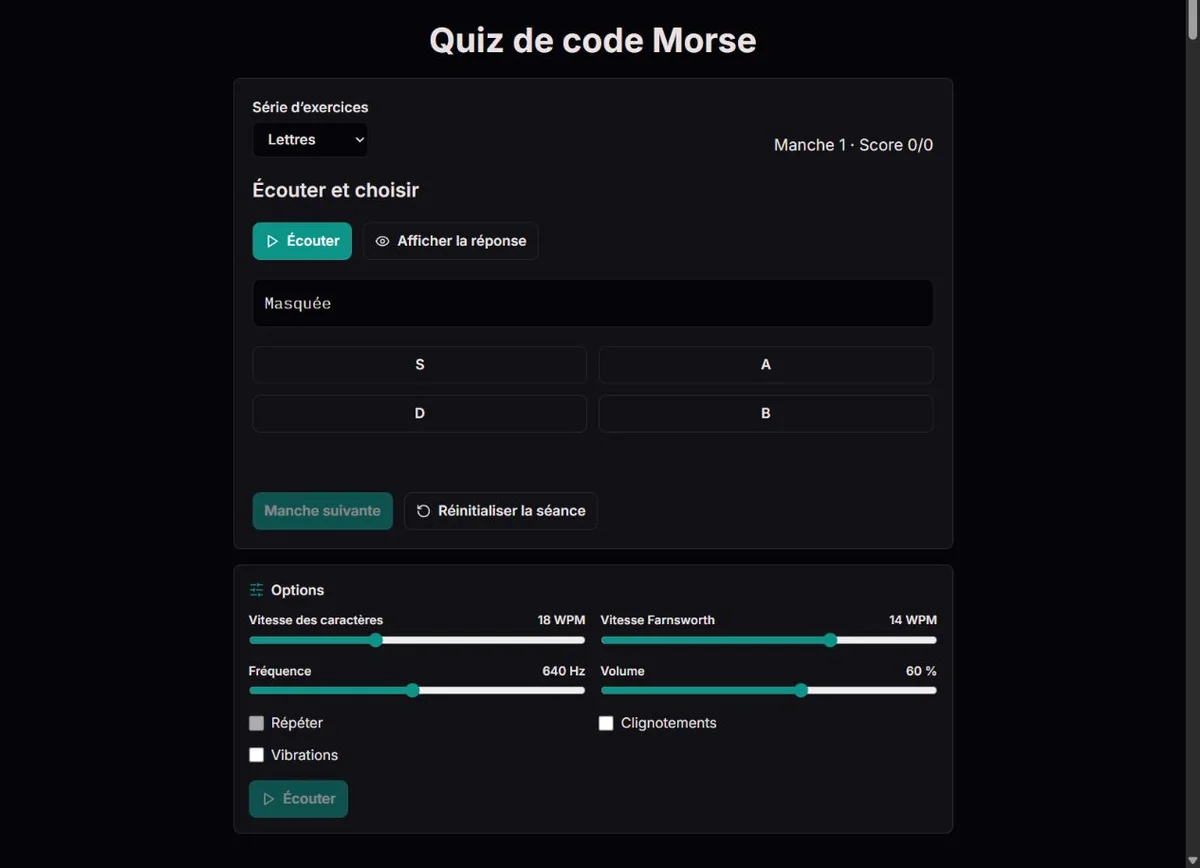Quiz Morse sur les lettres avec quatre réponses et un indice écrit facultatif