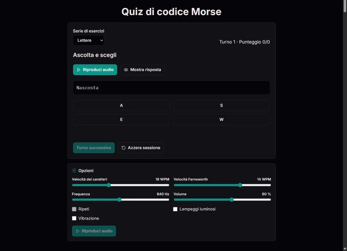 Quiz sulle lettere Morse con quattro risposte e un indizio scritto facoltativo