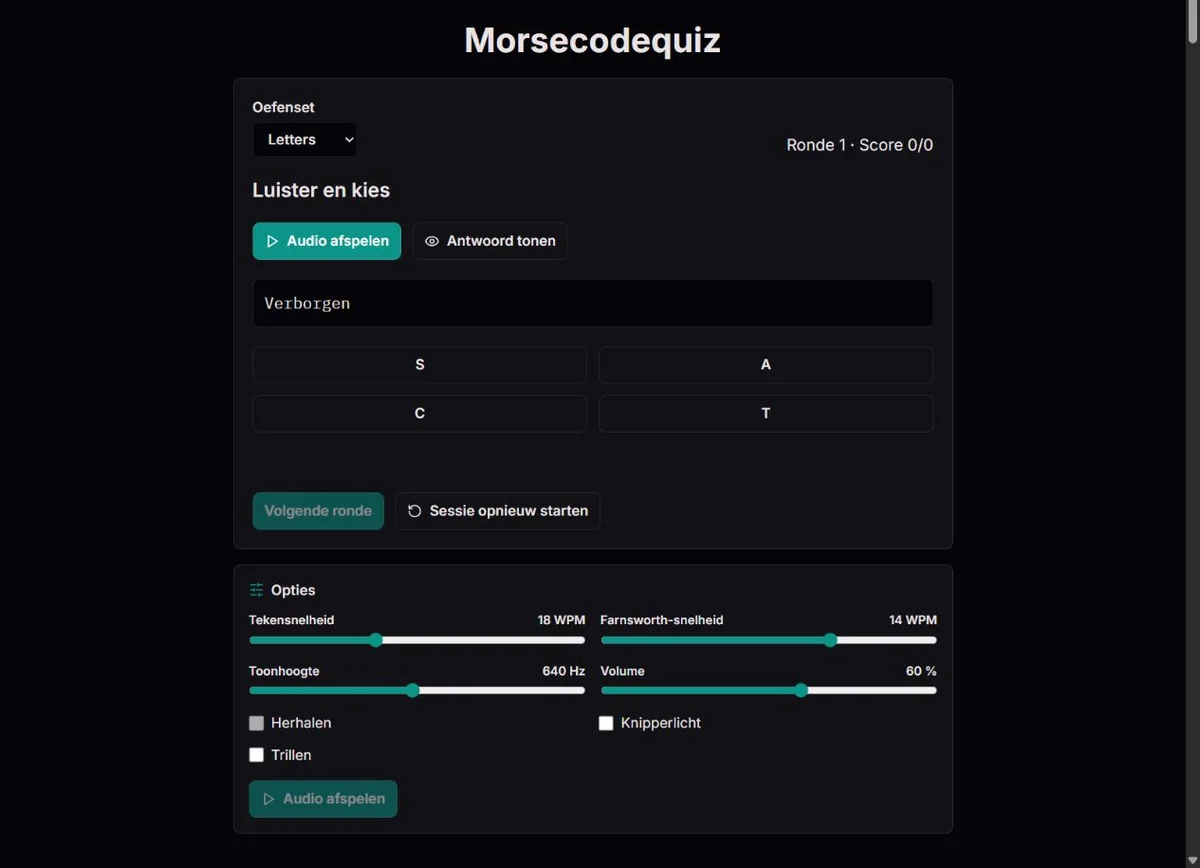 Morseletterquiz met vier keuzes en een optionele geschreven aanwijzing
