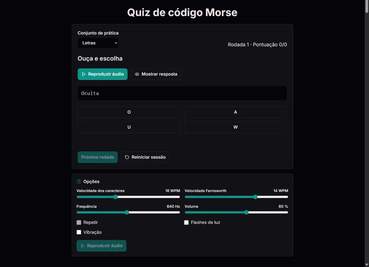 Quiz de letras Morse com quatro opções e uma pista escrita opcional