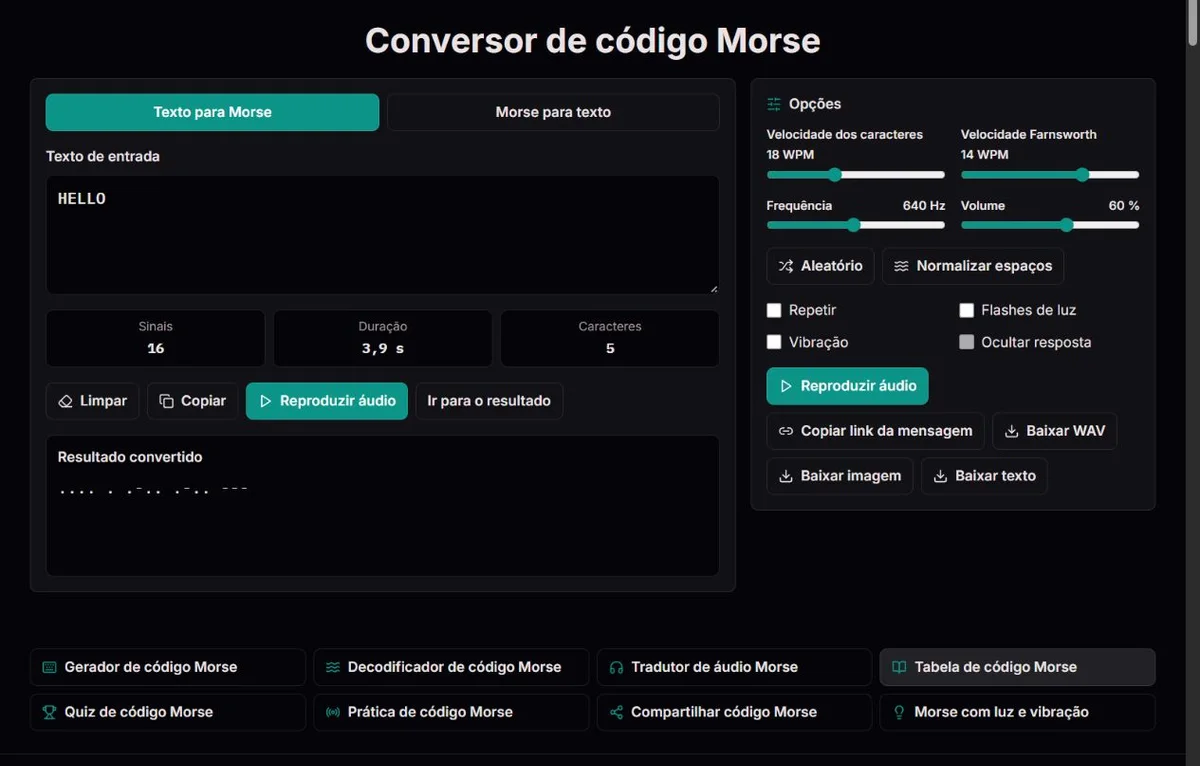 HELLO convertido em grupos Morse separados por letra