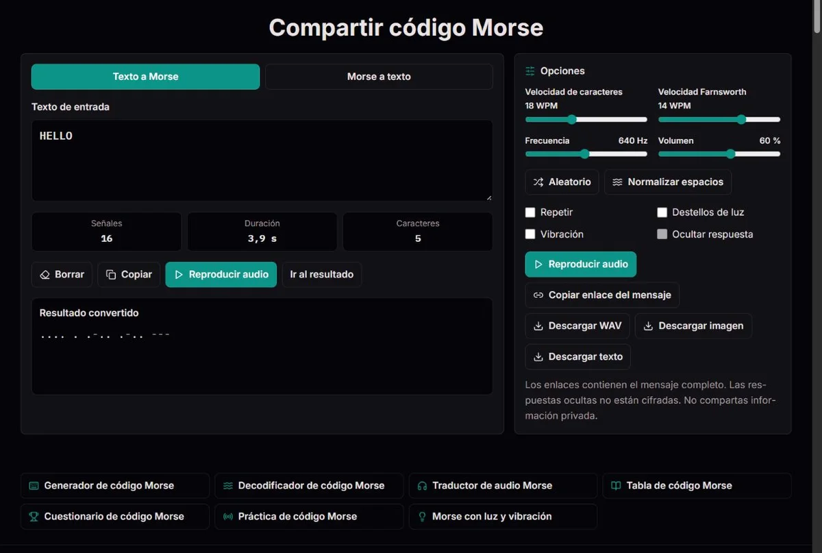 Mensaje HELLO preparado para compartir con sus ajustes Morse