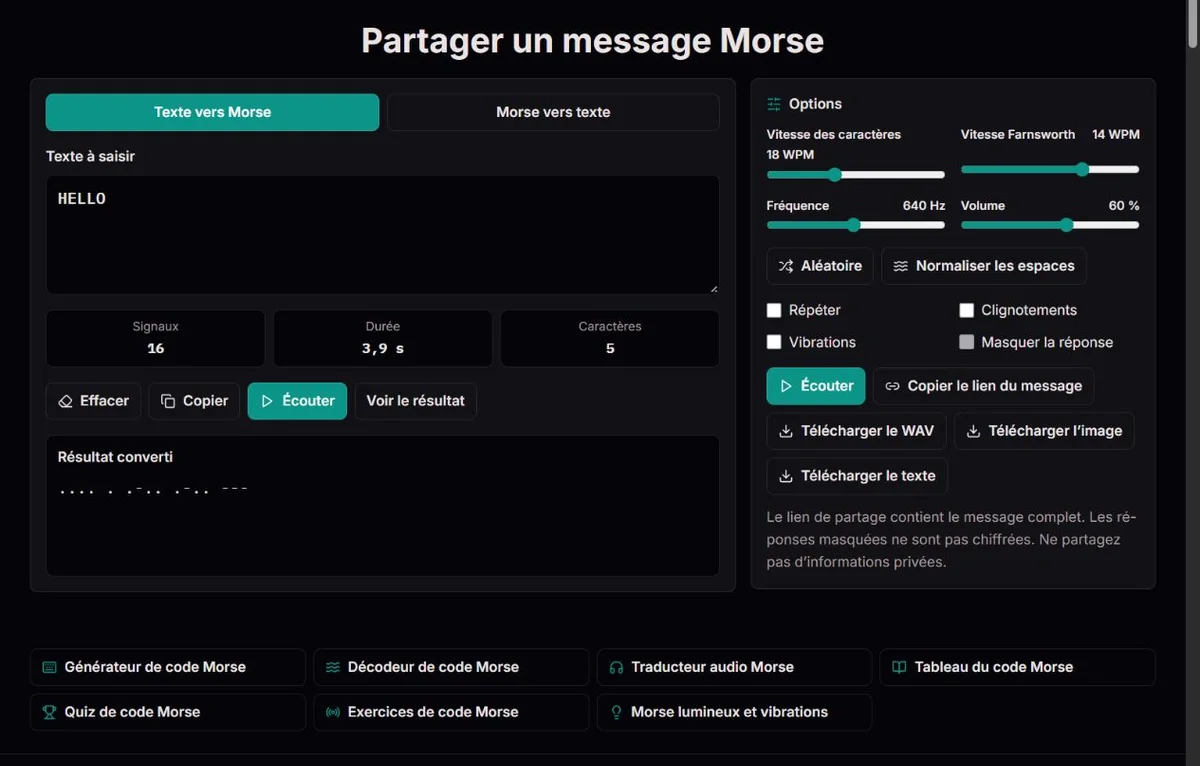 Message HELLO prêt à être partagé avec ses réglages Morse