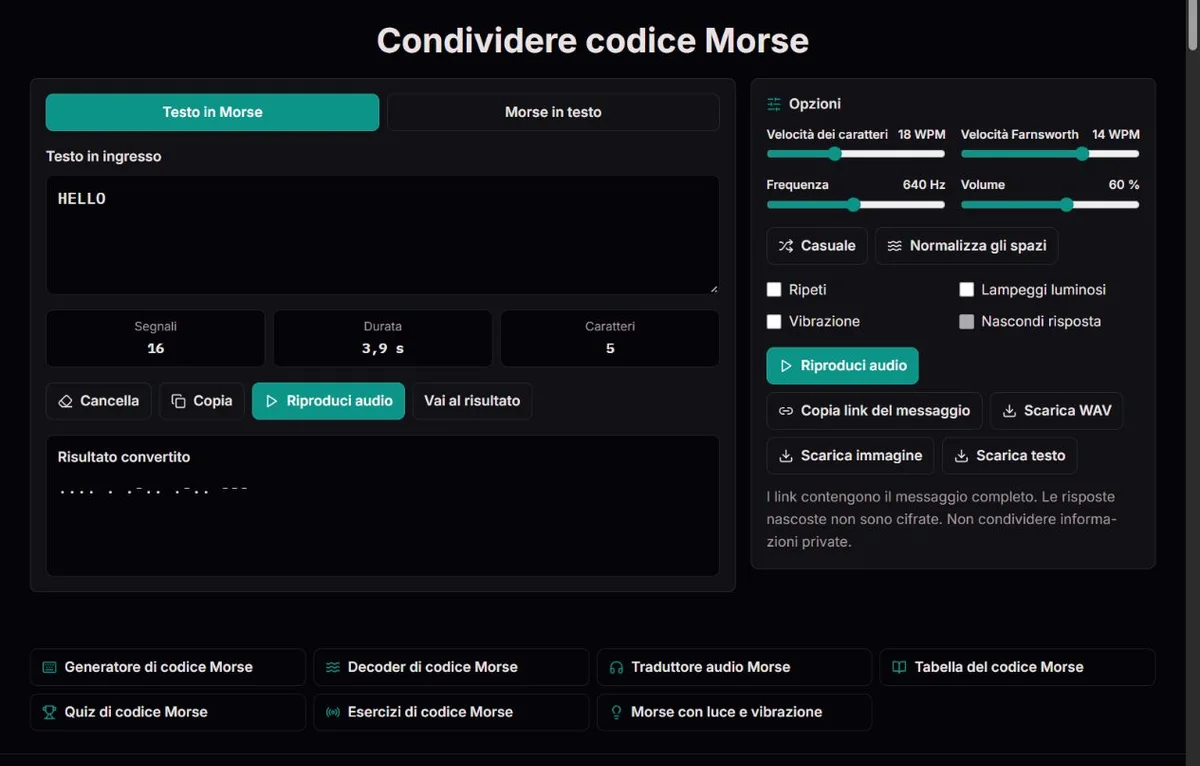 Messaggio HELLO pronto da condividere con le impostazioni Morse