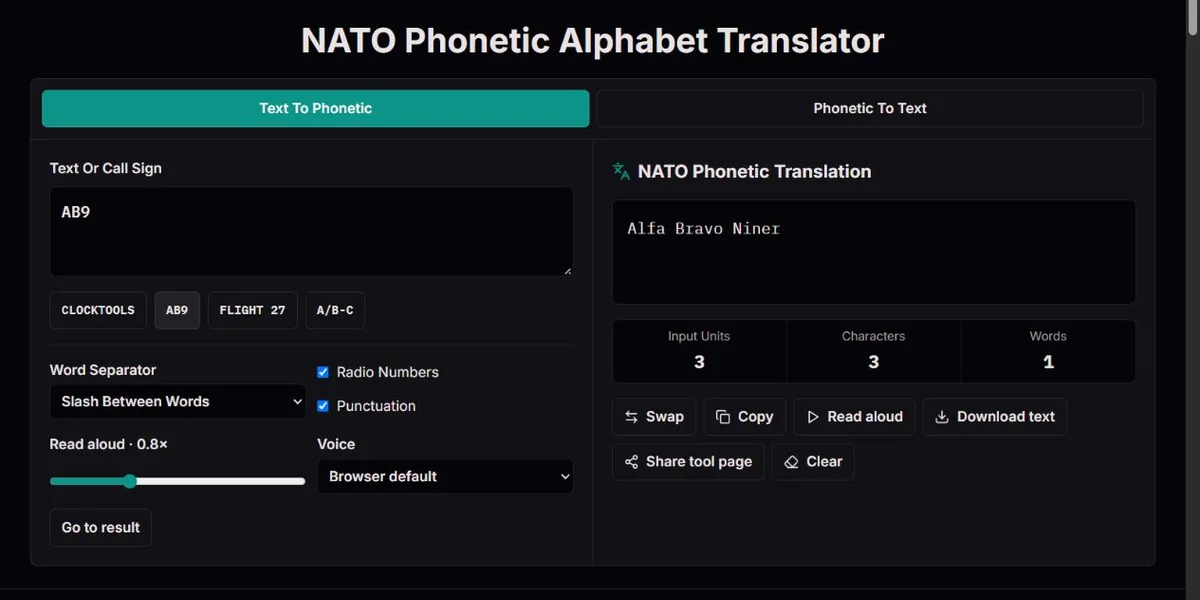 AB9 spelled as Alfa Bravo Niner in the NATO alphabet