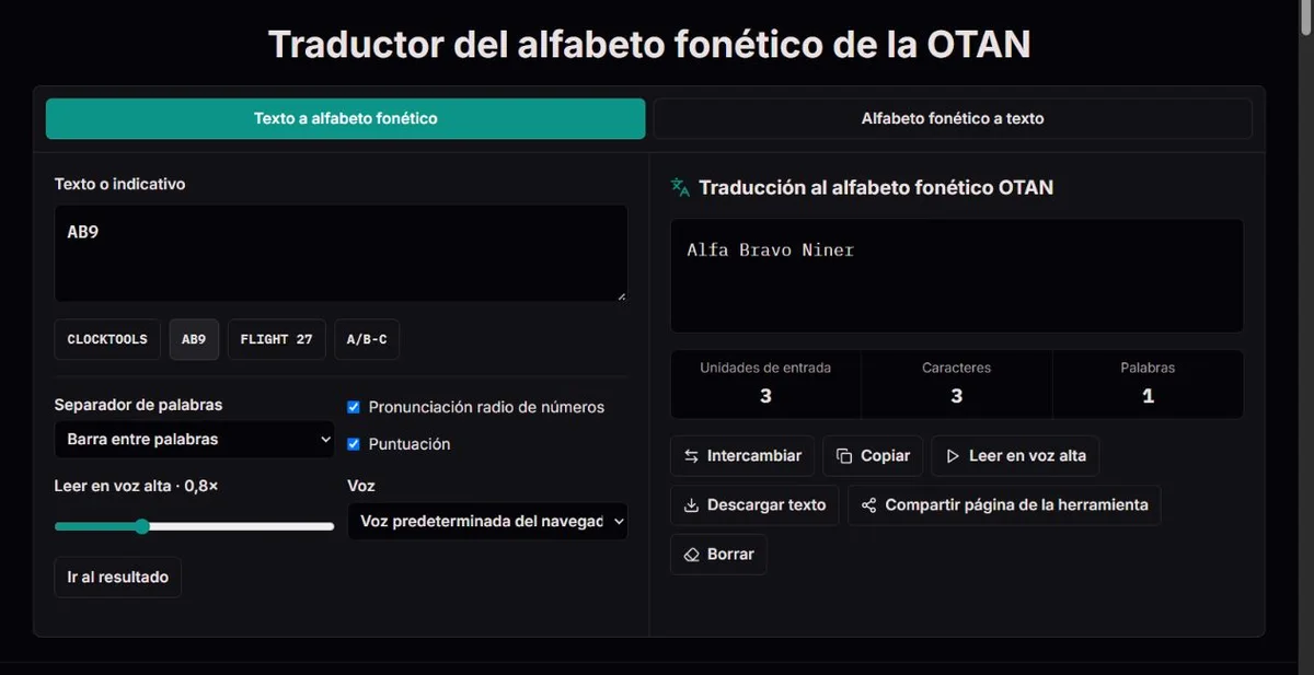 AB9 deletreado como Alfa Bravo Niner en el alfabeto OTAN
