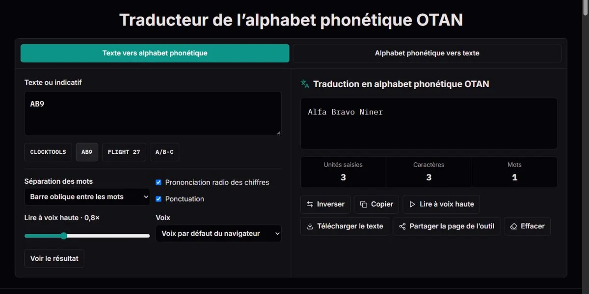 AB9 épelé Alfa Bravo Niner dans l’alphabet OTAN