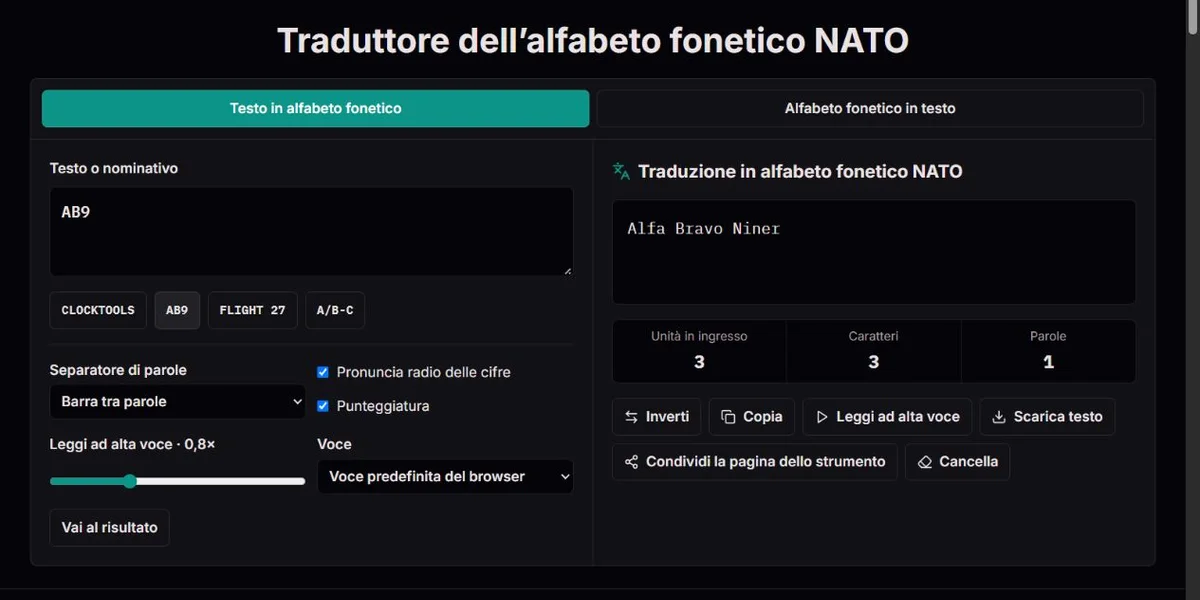 AB9 scandito come Alfa Bravo Niner nell’alfabeto NATO