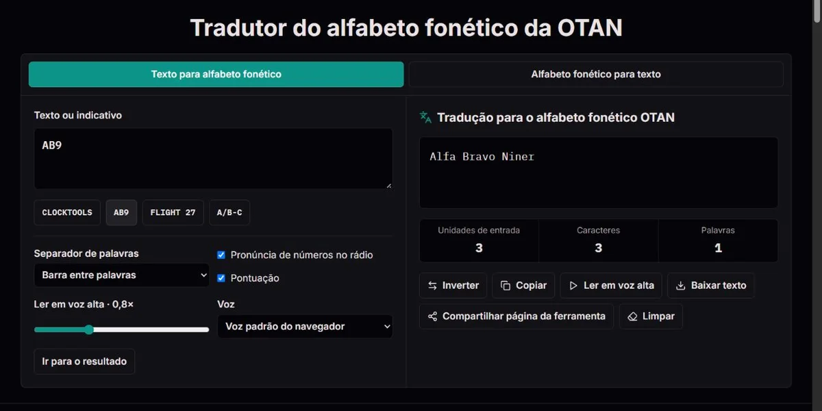 AB9 soletrado como Alfa Bravo Niner no alfabeto da OTAN