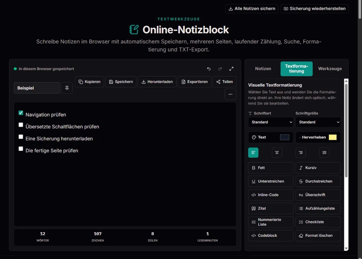 Fiktive Projektcheckliste als eigene Notiz