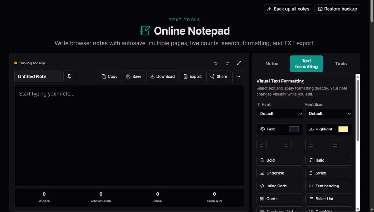 Online Notepad: Example interface