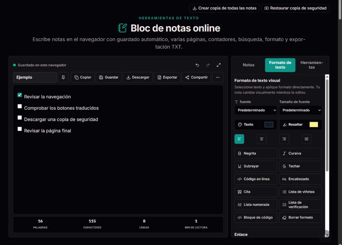 Lista de tareas de un proyecto ficticio en una nota independiente