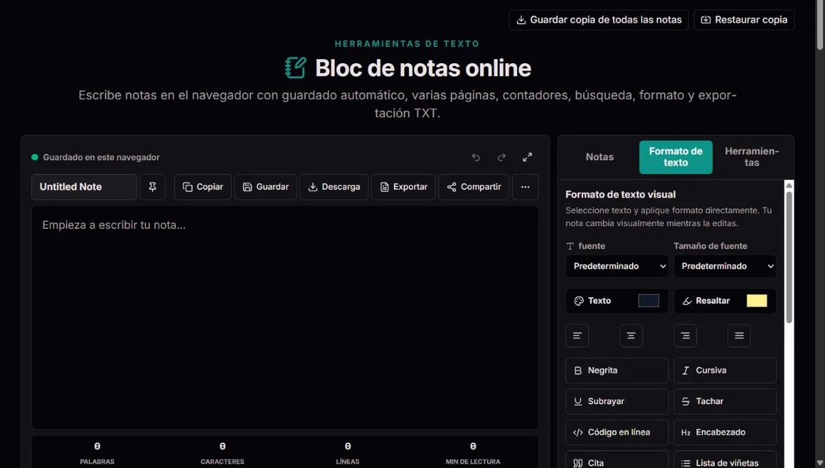 Bloc de notas online: Ejemplo de interfaz