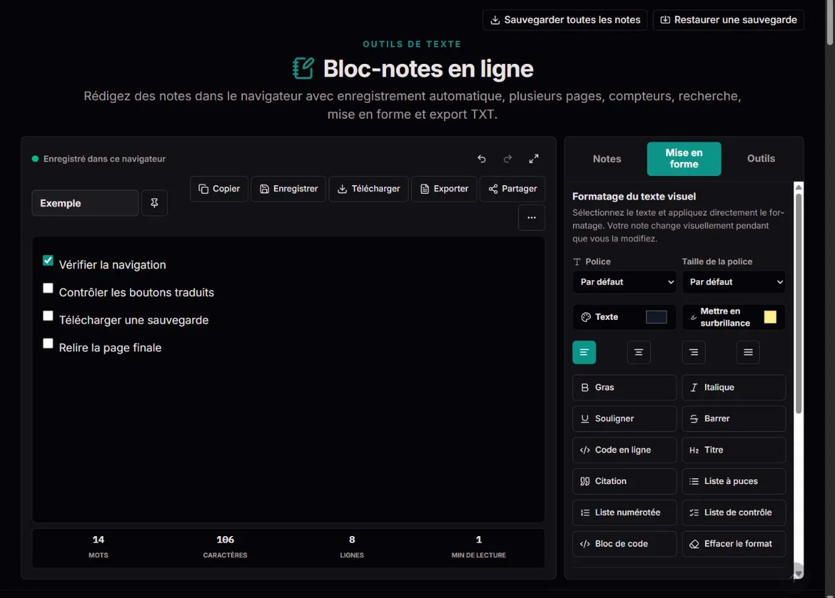 Liste de tâches fictive dans une note distincte