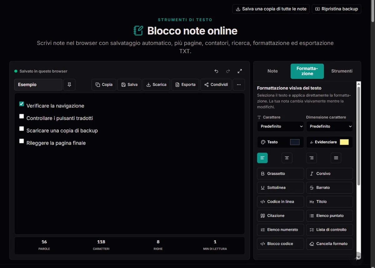 Elenco di attività di un progetto fittizio in una nota separata