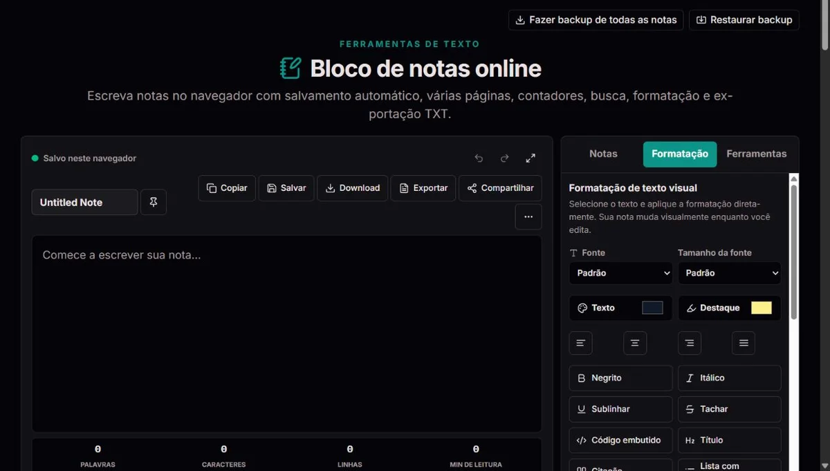 Bloco de notas online: Exemplo da interface