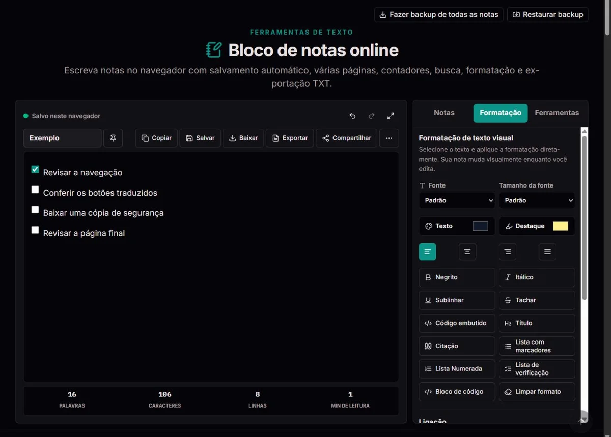 Lista de tarefas de um projeto fictício em uma nota separada