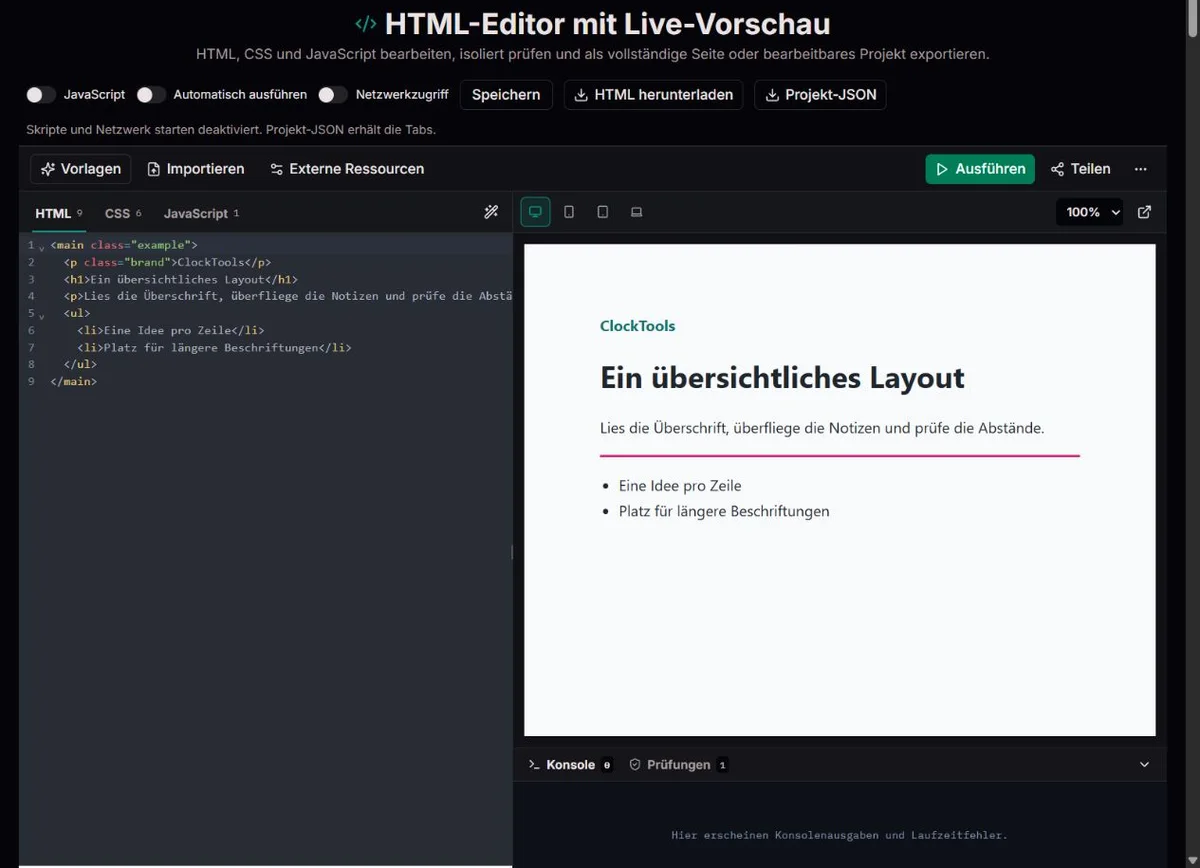 Eigener ClockTools-HTML- und CSS-Code neben einer manuell aktualisierten Vorschau