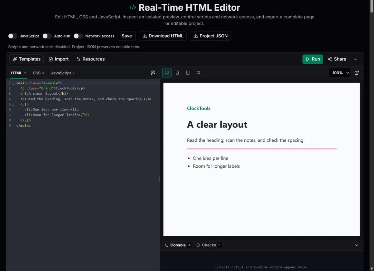 Custom ClockTools HTML and CSS beside a manually updated preview