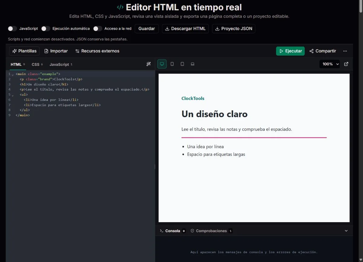 HTML y CSS personalizados de ClockTools junto a una vista previa manual