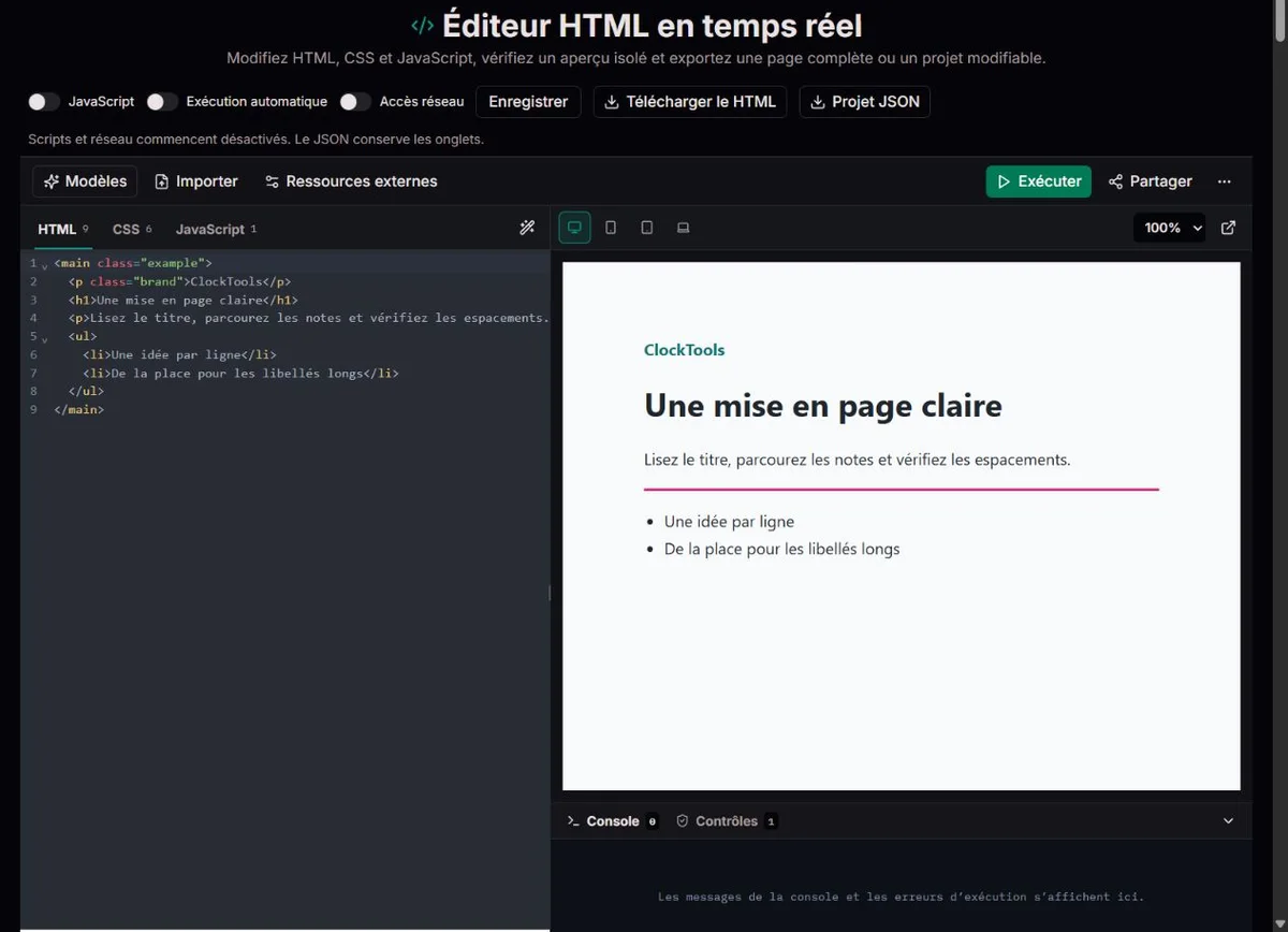 HTML et CSS ClockTools personnalisés avec aperçu mis à jour manuellement