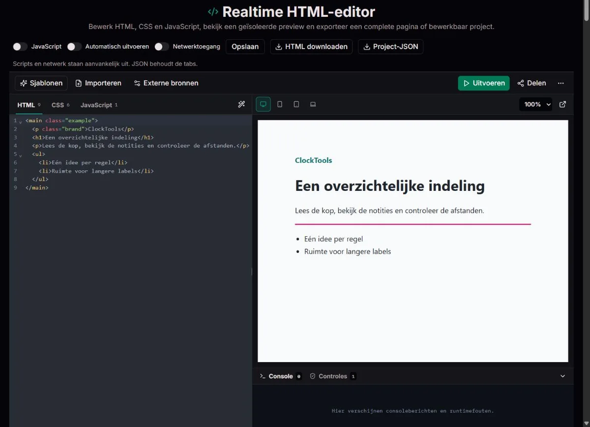 Eigen ClockTools-HTML en CSS naast een handmatig bijgewerkt voorbeeld