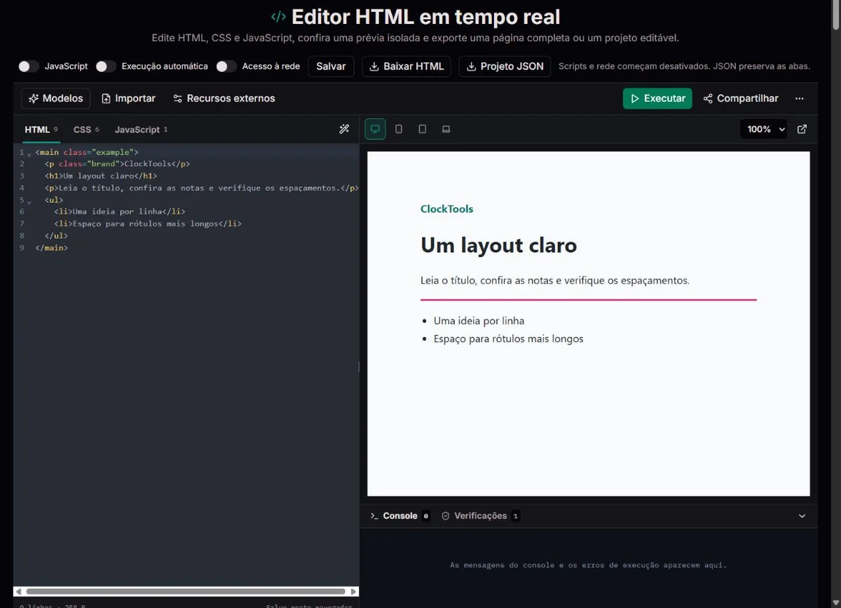 HTML e CSS personalizados do ClockTools ao lado de uma prévia manual