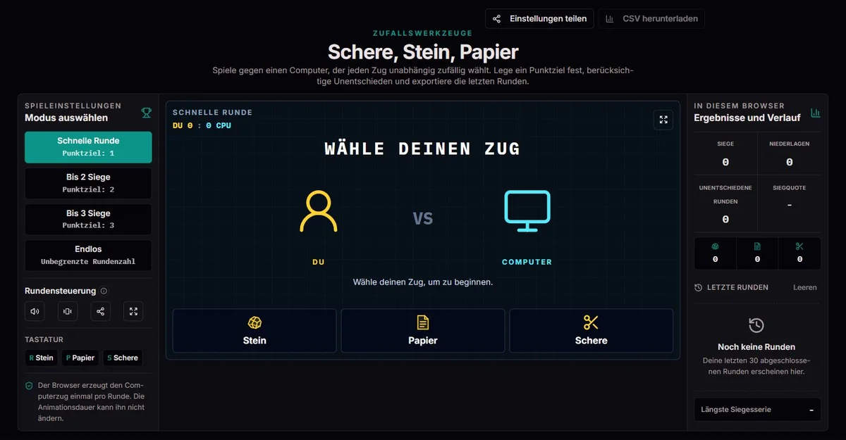 Schere, Stein, Papier vor dem Start mit Spielzielen, Auswahltasten und leeren Ergebnissen