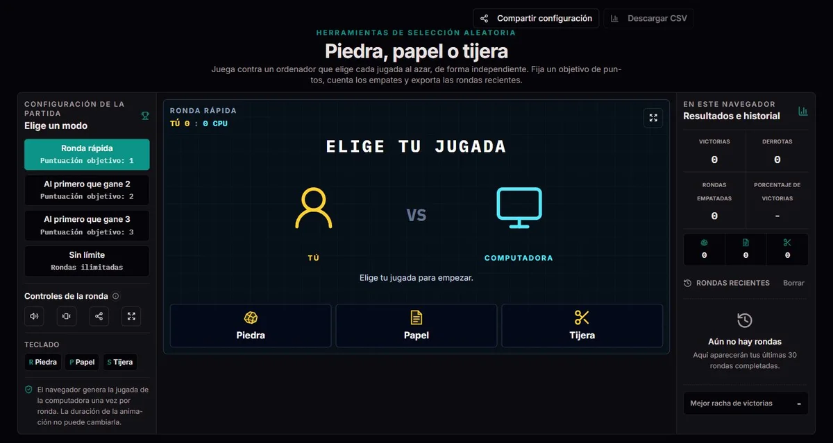 Piedra, papel o tijera antes de empezar, con objetivos, botones de jugada y resultados vacíos