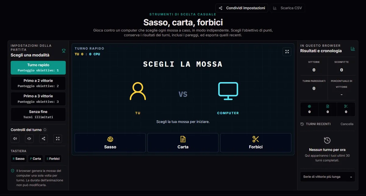 Sasso, carta, forbici prima dell’inizio, con obiettivi, pulsanti delle mosse e risultati vuoti