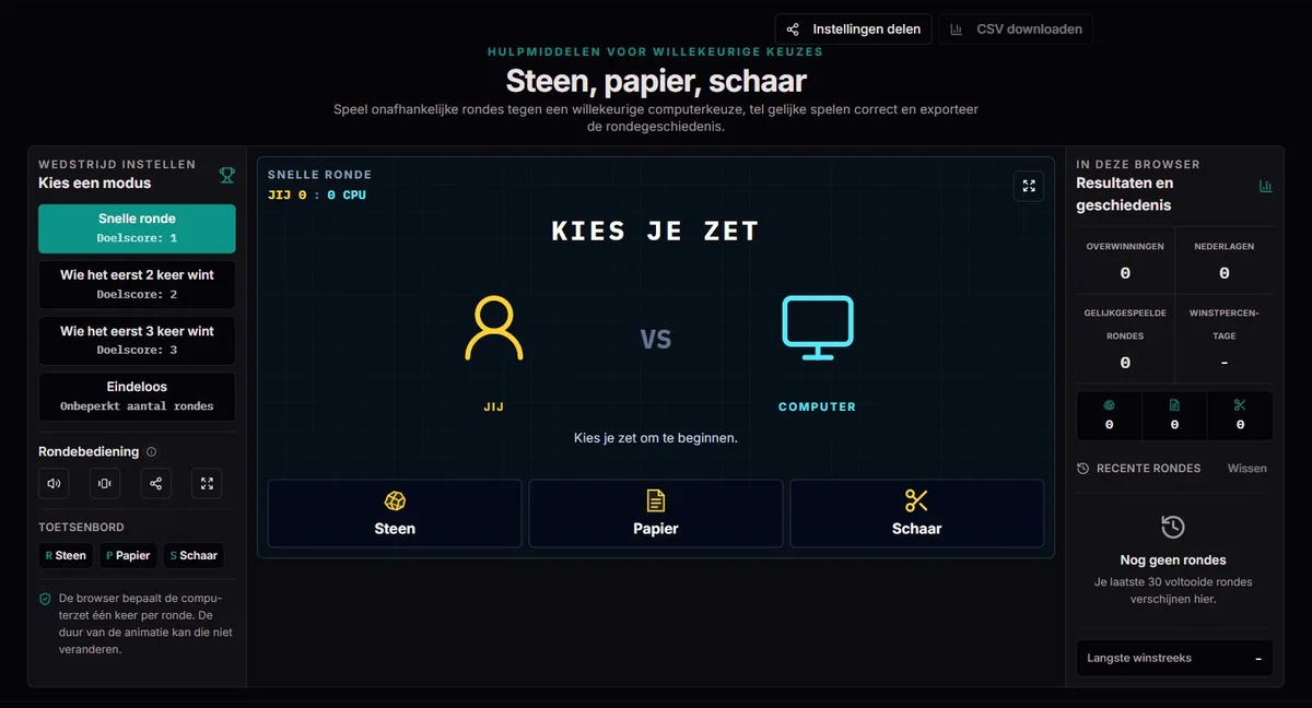 Steen, papier, schaar voor de start, met wedstrijdopties, zetknoppen en lege resultaten