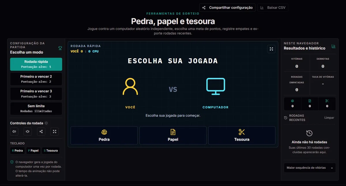 Pedra, papel e tesoura antes de começar, com metas, botões de jogada e resultados vazios