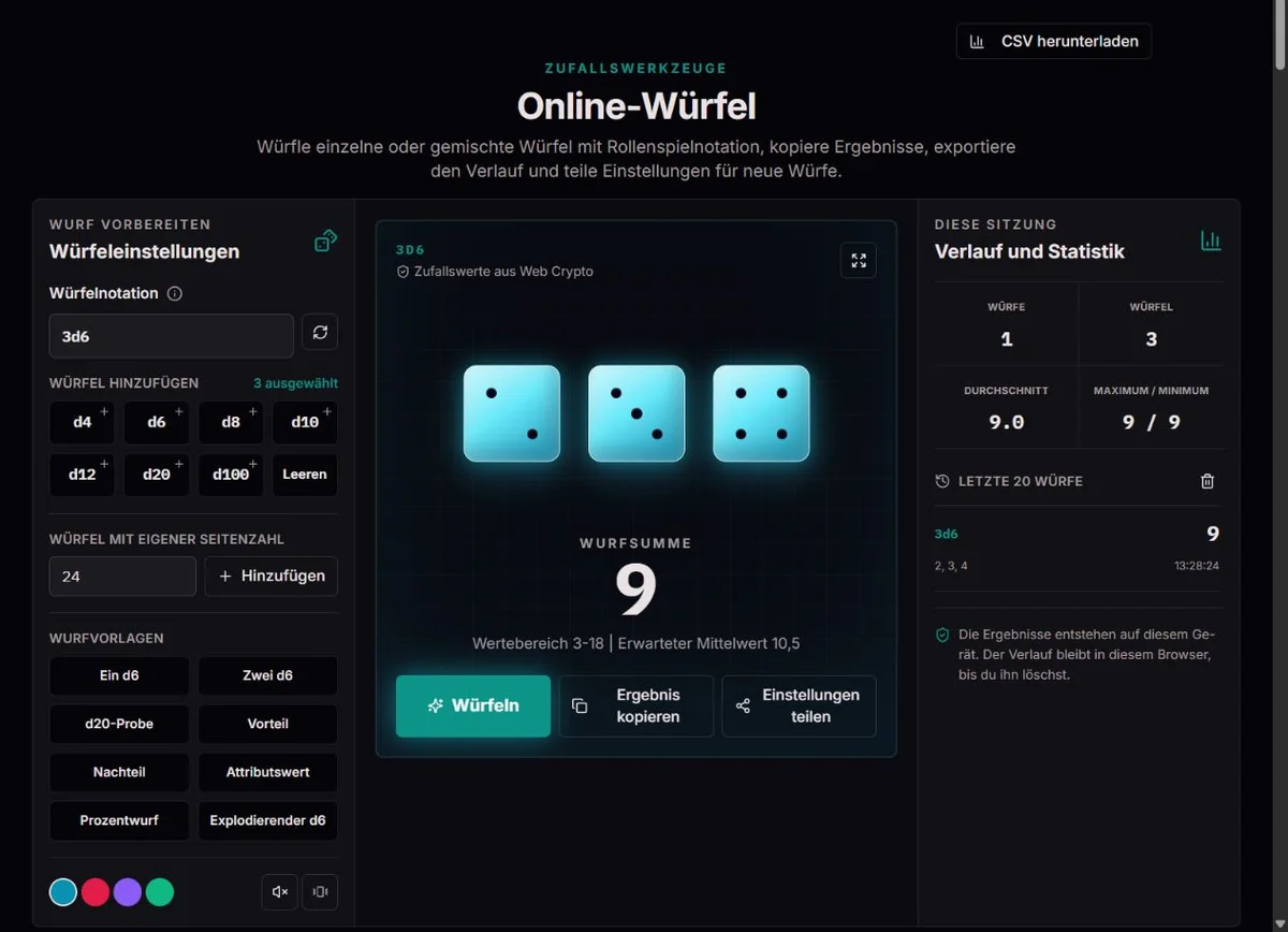 3d6-Wurf mit drei sechsseitigen Würfeln und Gesamtergebnis
