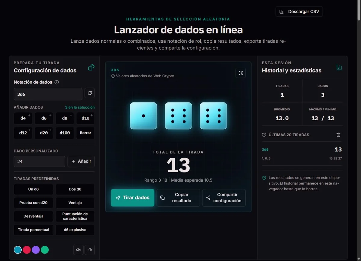 Tirada 3d6 con tres dados de seis caras y su resultado conjunto