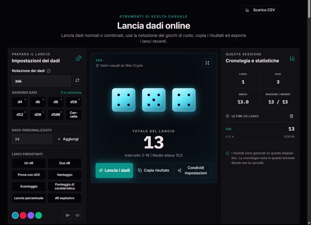 Lancio 3d6 con tre dadi a sei facce e risultato complessivo