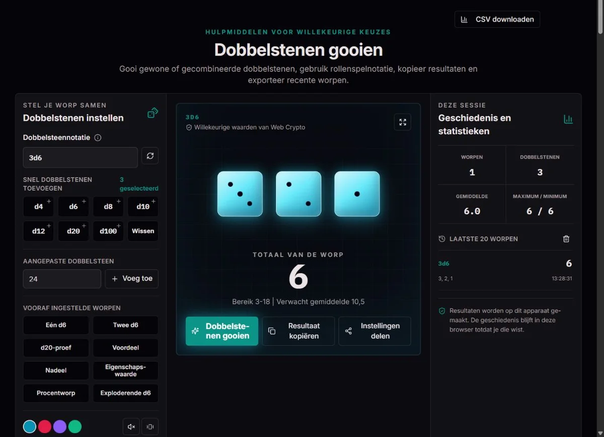 3d6-worp met drie zeszijdige dobbelstenen en hun totaal