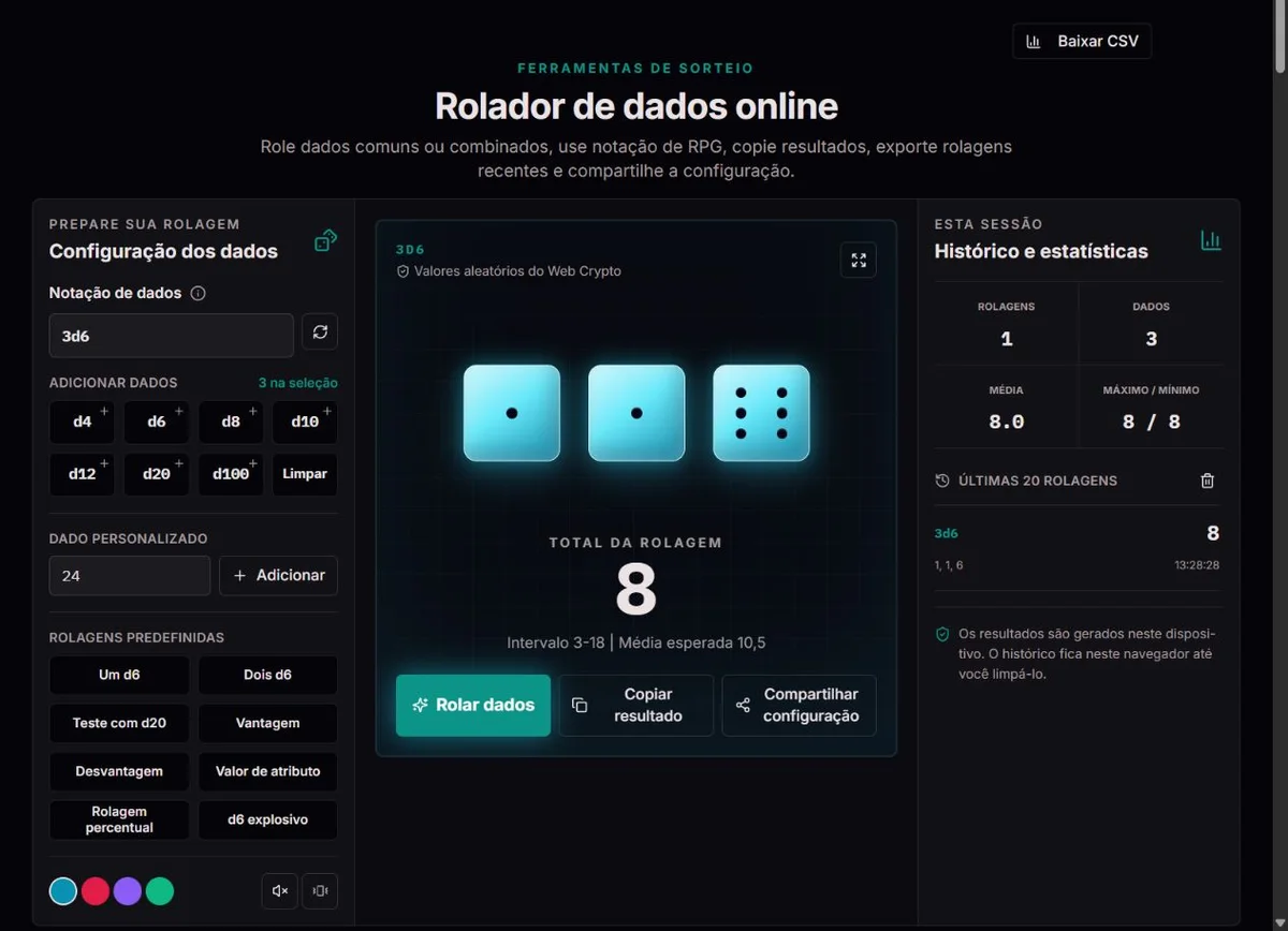 Rolagem 3d6 com três dados de seis lados e o resultado total