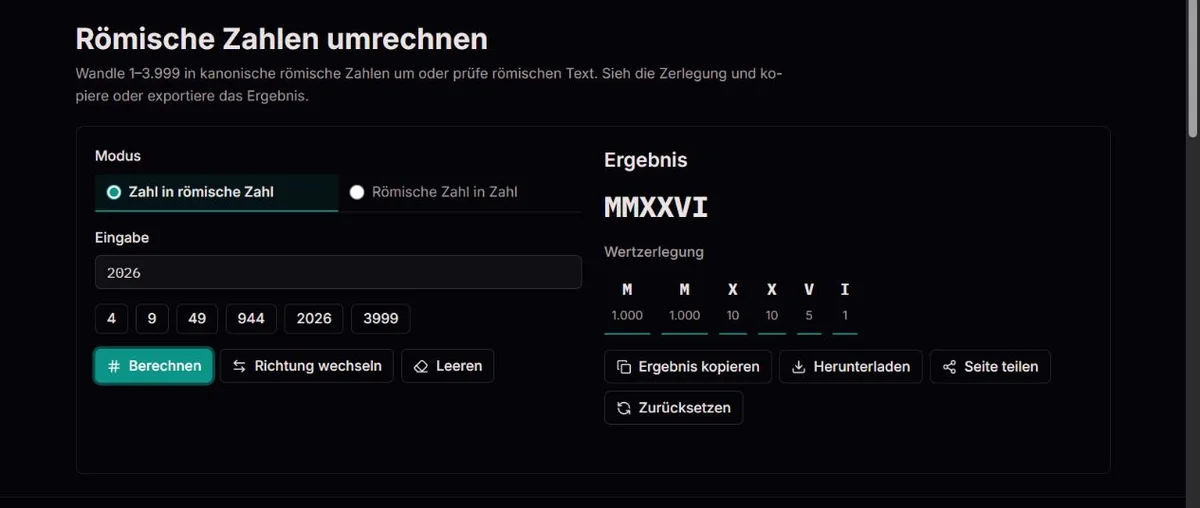 2026 als MMXXVI mit den Werten der einzelnen Zeichen