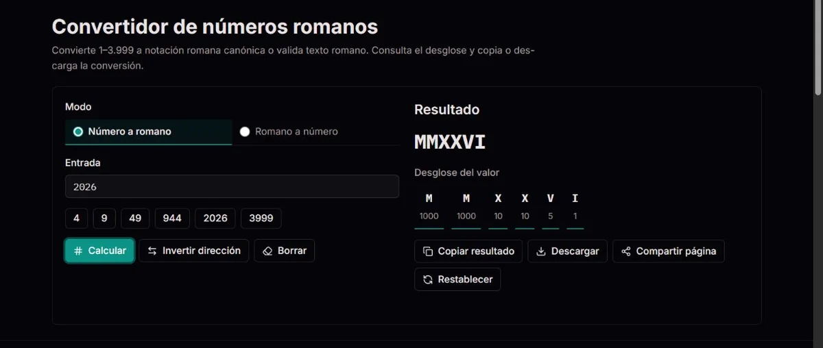 2026 convertido a MMXXVI con el valor de cada símbolo
