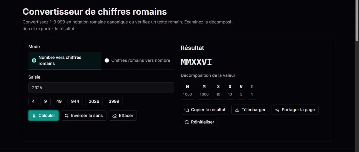Conversion de 2026 en MMXXVI avec la valeur des symboles